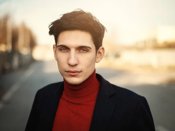 Handsome Young Man City Street Looking Camera Serious Expression Wearing — Stock Photo, Image