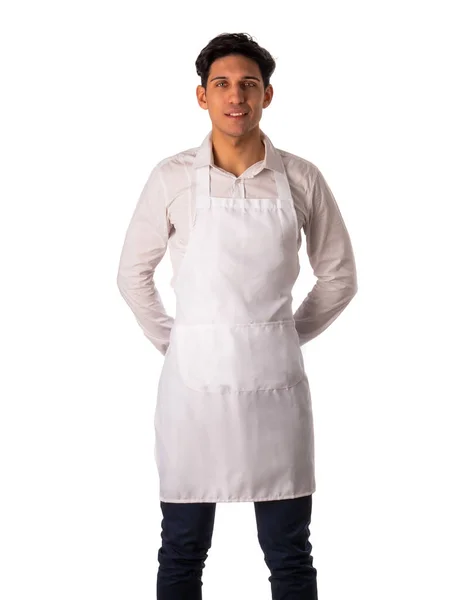 Young Chef Waiter Posing Welcoming Guests Smile Wearing White Apron — Stock Photo, Image