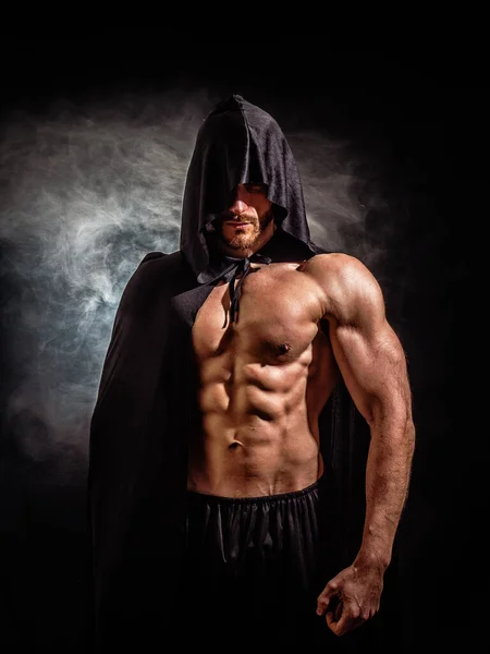 Scary Muscular Young Man Pointed Hood Cape Naked Body — Stock Photo, Image