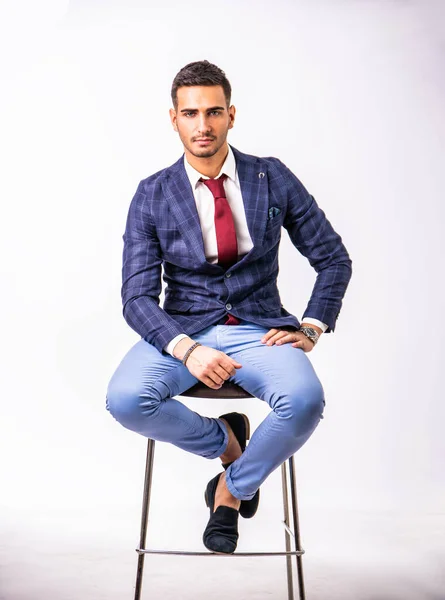 Handsome Young Man Blue Business Jacket Jeans Posing White Background — Stock Photo, Image