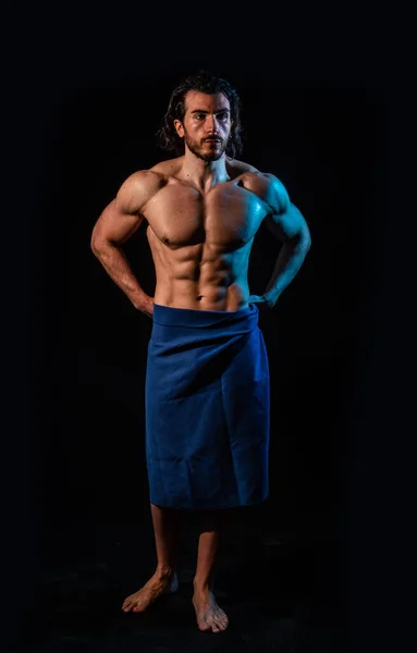 Portrait Naked Handsome Man Languishing Look Covering Towel Dark Background — Stock Photo, Image