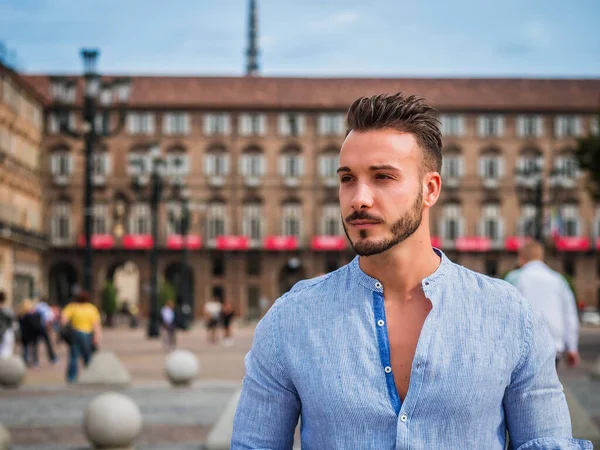 One Handsome Young Man Urban Setting European City Standing Wearing — Stock Photo, Image