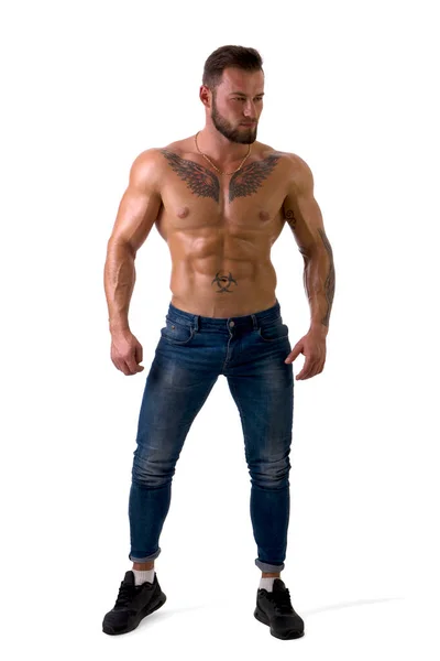 Disparo Cuerpo Entero Hombre Musculoso Pie Mirando Lado Sin Camisa —  Fotos de Stock