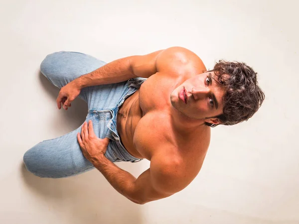 Young Handsome Shirtless Man Sitting Floor Studio White Looking — Stock Photo, Image