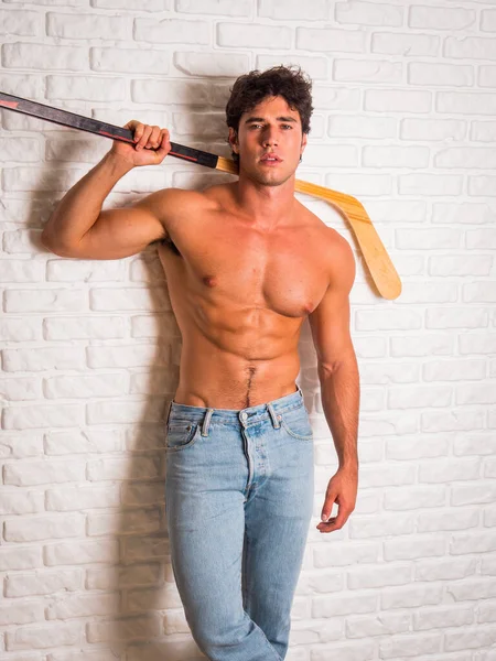 Handsome Young Man Shirtless Hockey Stick Hands Leaning White Brick — Stock Photo, Image