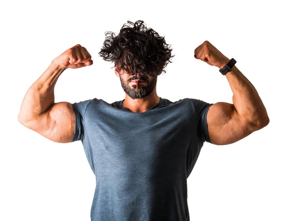 Man Flexing His Muscles Front White Background — Stock Photo, Image