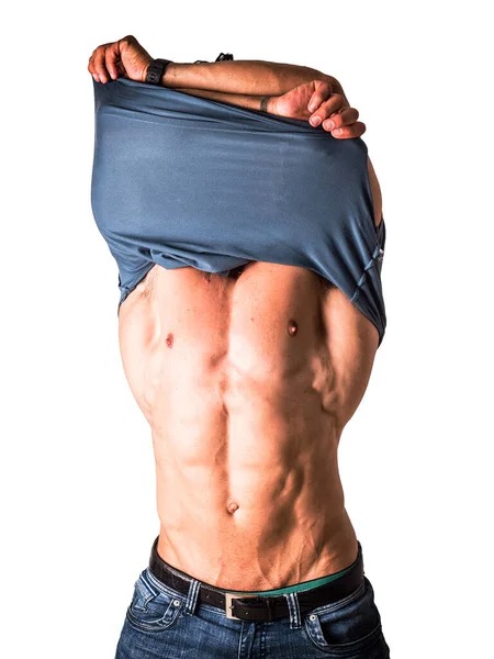 Muscular Man Undressing Pulling Shirt His Head Remove Showing Abs — Stock Photo, Image