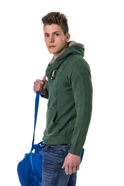 Homem Com Uma Camisola Verde Segurando Saco Azul — Fotografia de Stock