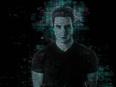 Siyah arka planda holografik gölgesi olan soyut parlak efektli yakışıklı bir adamın portresi