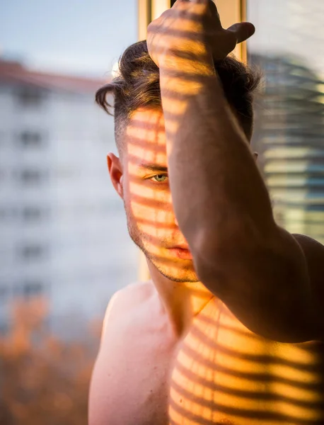 Portrait Sexy Shirtless Man Covered Shadow Stripes Window Looking Camera — Stock Photo, Image