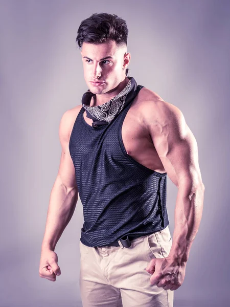 Muscular Man Tank Top Posing Picture Bandanna His Neck Studio — Stock Photo, Image