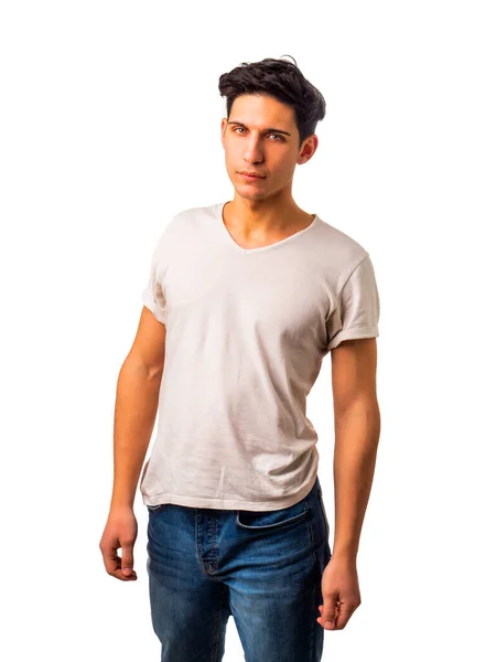 Hombre Con Una Camiseta Blanca Posando Para Una Foto —  Fotos de Stock