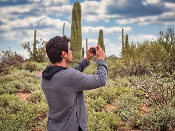 A man taking a picture of a cactus. Photo of a man capturing the beauty of a majestic saguaro cactus in Saguaro National Park, Arizona, USA