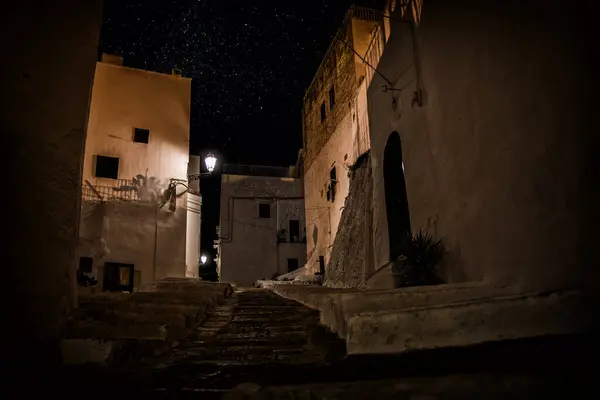 A view of Ostuni, Italy, at night. The White City nestled on a hill overlooking the Adriatic Sea in Puglia, Italy. The photo shows a row of white buildings sitting on top of a hill, with the Adriatic