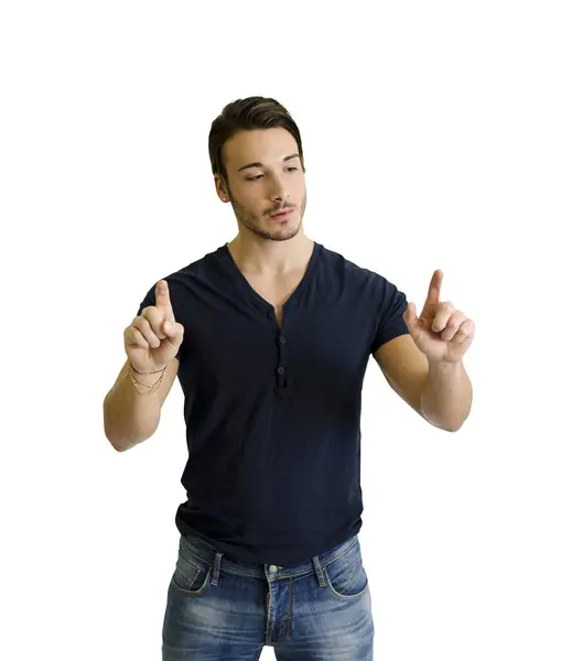 Muž Černé Košili Ukazuje Něco Jako Klikal Neviditelný Knoflík Stock Fotografie