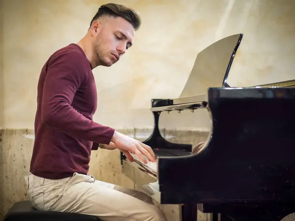 Young handsome male artist playing his wooden classical piano, indoor portrait