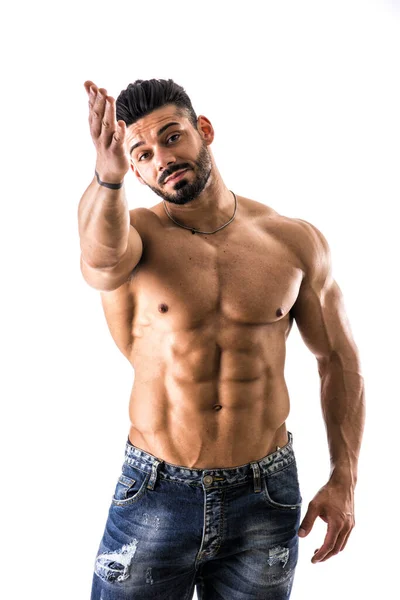 Muskulöser Mann Mit Nacktem Oberkörper Der Auf Dich Zeigt Und lizenzfreie Stockbilder