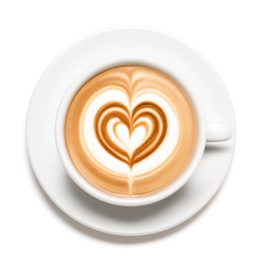 Beyaz arka planda izole edilmiş bir kalp (aşkın sembolü) çizilmiş Latte Art cappuccino. Kırpma yolu ile bilgisayar tarafından oluşturulan resim
