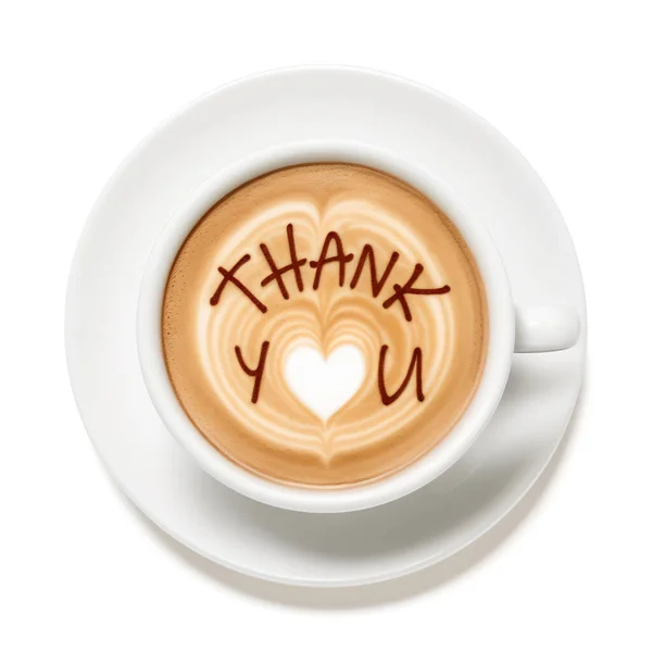 Latte Art Cappuccino Mit Den Worten Danke Und Einem Herz lizenzfreie Stockbilder