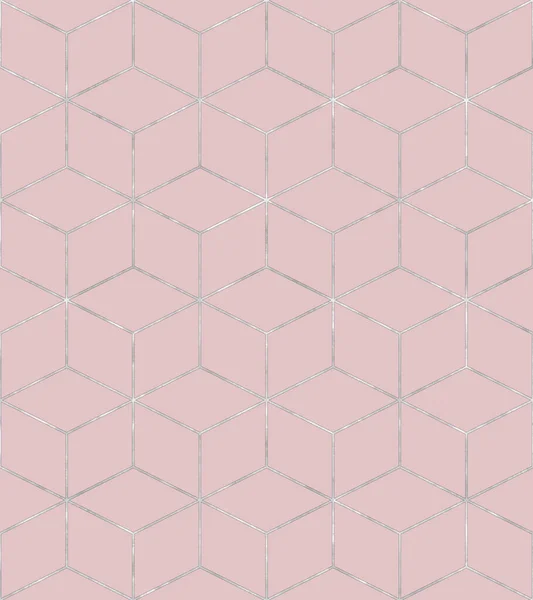 Art deco style cube luxury seamless pattern background. Abstract polygon geometric shapes. Pastel pink cubes texture with silver lines. Geometrical print for textile, wallpaper, wrapping paper.