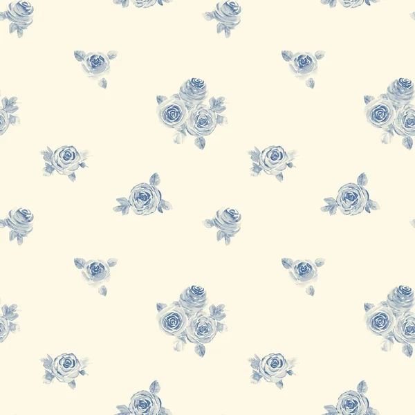 水色のネイビーブルーのバラの花 花のシームレスなパターン ホワイトを基調に春の植物イラストを描いた水彩手描き テキスタイル ファブリック 包装紙のための印刷 — ストック写真