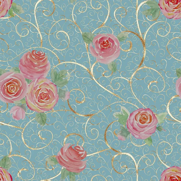 水彩のバラの花 美しい花のシームレスなパターン 水彩手描き春の植物図パステルグリーンの背景に テキスタイル ファブリック 包装紙のための印刷 — ストック写真