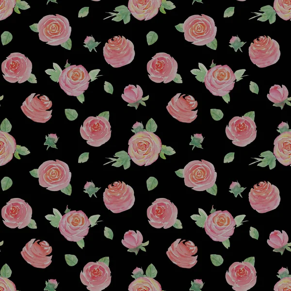 Akvarell Rózsa Virágok Gyönyörű Virág Zökkenőmentes Minta Akvarell Kézzel Rajzolt — Stock Fotó