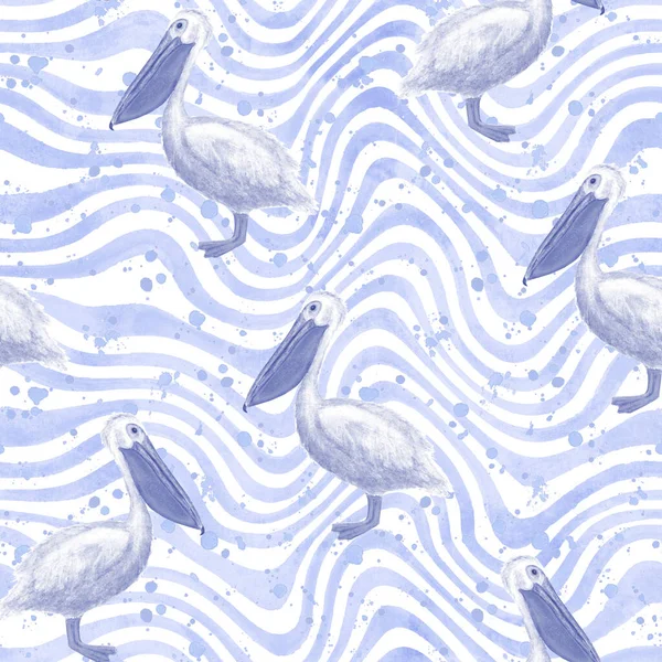 Watercolor White Pelican Seamless Pattern Hand Drawn Blue Navy Watercolour — Stock Photo, Image