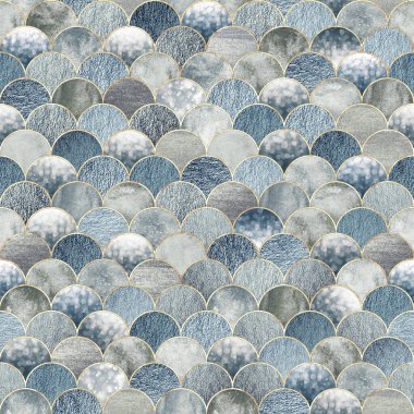 Mermaid fish scale wave japanese luxury golden glittering seamless pattern. Watercolor hand drawn gold color abstract background. Scales shaped texture. Print for textile, wallpaper, wrapping paper