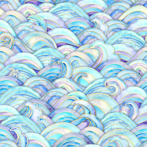 海の波魔法のシームレスパターン 水彩手描きブルーティールターコイズパープルの背景 水彩波の海のスタイルのテクスチャ 紙カットスタイル 3D効果 テキスタイル用プリント — ストック写真