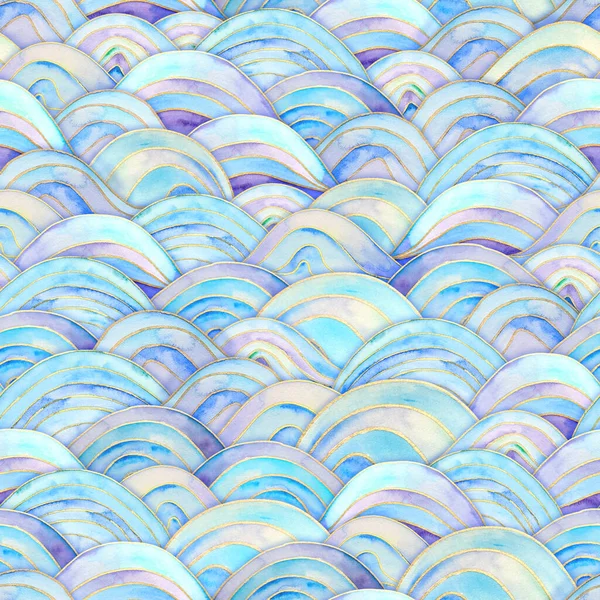 海の波魔法のシームレスパターン 水彩手描きブルーティールターコイズパープルの背景 水彩波の海のスタイルのテクスチャ 紙カットスタイル 3D効果 テキスタイル用プリント — ストック写真