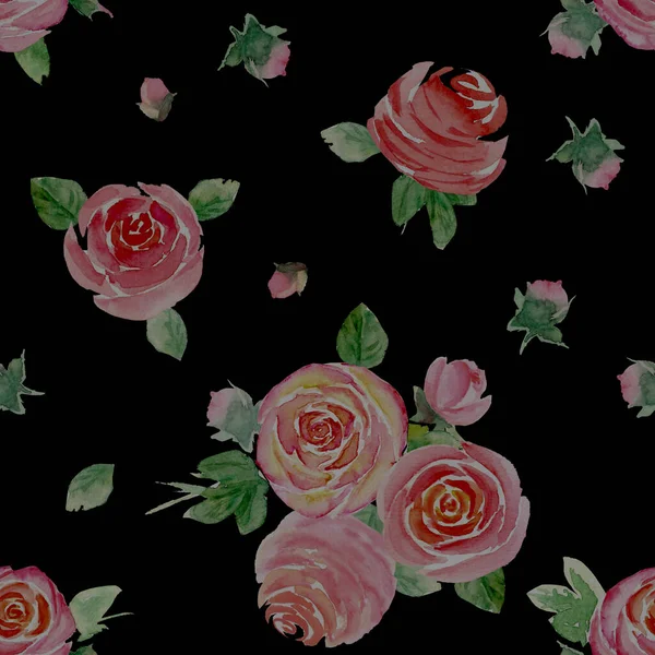 水彩のバラの花 美しい花のシームレスなパターン ブラックを基調に春の植物イラストを描いた水彩手描き テキスタイル ファブリック 包装紙のための印刷 — ストック写真