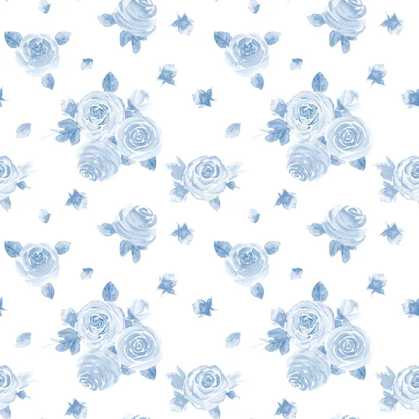 水色のネイビーブルーのバラの花 花のシームレスなパターン ホワイトを基調に春の植物イラストを描いた水彩手描き テキスタイル ファブリック 包装紙のための印刷 — ストック写真