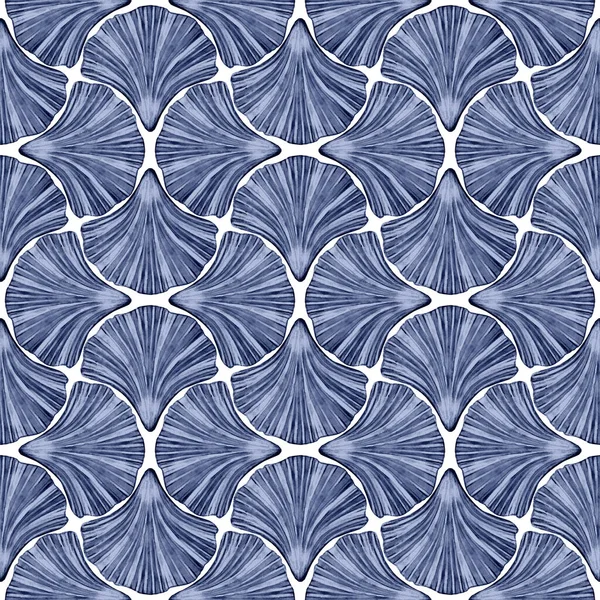 艺术装饰风格抽象水彩贝壳几何形式无缝图案背景 白色纹理上手工绘制的海军蓝元素 纺织品 包装纸用水彩印 — 图库照片