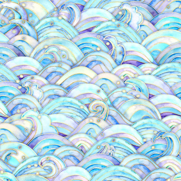 Sea Waves Magic Seamless Pattern Watercolor Hand Drawn Blue Teal — Stock Photo, Image