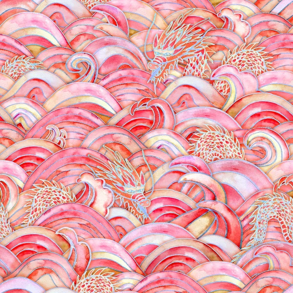 Sea waves and dragons magic seamless pattern. Watercolor hand drawn pink red orange colors background. Watercolour wave texture. Paper cut style, 3d effect. Print for textile, wallpaper.