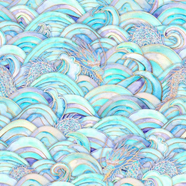 Sea waves and dragons magic seamless pattern. Watercolor hand drawn blue teal turquoise purple colors background. Watercolour wave texture. Paper cut style, 3d effect. Print for textile, wallpaper.