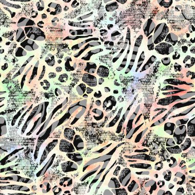 Suluboya, soyut hayvan baskısı, kusursuz bir arka plan. Suluboya el, karışık leopar, yılan, kaplan, zebra, zürafa deri dokusu. Tekstil, duvar kağıdı, ambalaj kağıdı için yazdır.