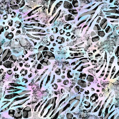 Suluboya, soyut hayvan baskısı, kusursuz bir arka plan. Suluboya el, karışık leopar, yılan, kaplan, zebra, zürafa deri dokusu. Tekstil, duvar kağıdı, ambalaj kağıdı için yazdır.
