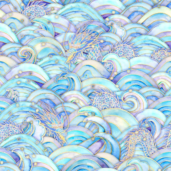 Fale Morskie Smoki Magia Bezproblemowy Wzór Akwarela Ręcznie Rysowane Niebieski — Zdjęcie stockowe