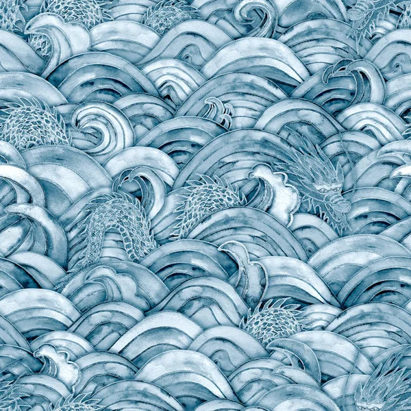 Sea waves and dragons magic seamless pattern. Watercolor hand drawn indigo blue navy colors background. Watercolour wave texture. Paper cut style, 3d effect. Print for textile, wallpaper.