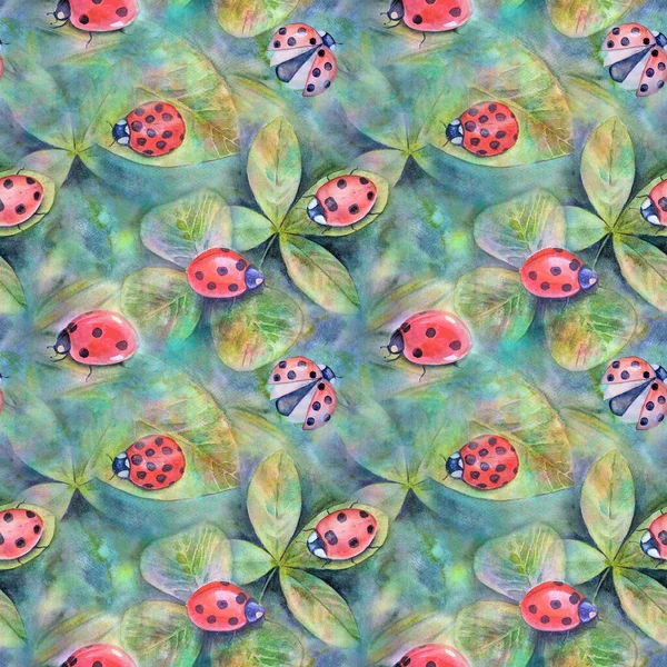 无缝隙水彩画的夏季植物图案 有五彩斑斓的瓢虫 草本植物 草本植物 水彩画手绘植物学纹理 织物设计 包装纸用明快印花 — 图库照片
