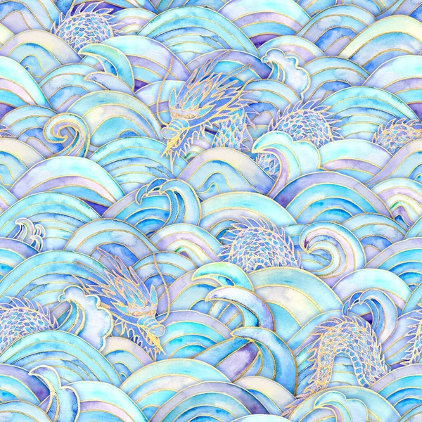 海の波とドラゴン魔法のシームレスなパターン 水彩手描きブルーティールターコイズパープルの背景 水彩波の質感 紙カットスタイル 3D効果 テキスタイル用プリント — ストック写真