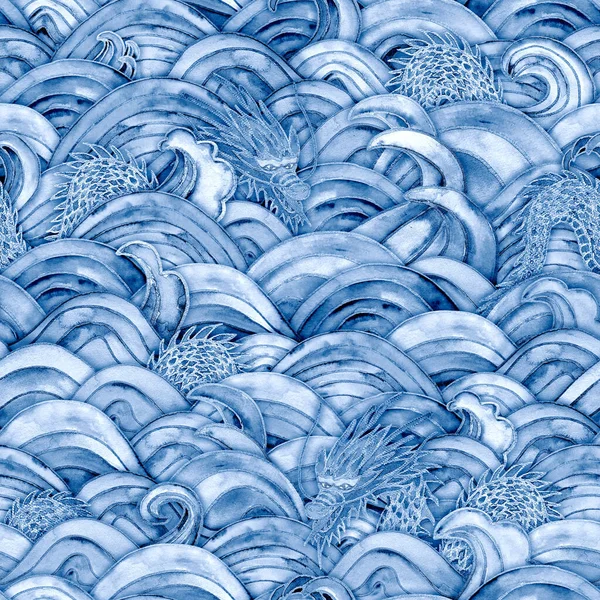 Sea Waves Dragons Magic Seamless Pattern Watercolor Hand Drawn Blue — Stock Photo, Image