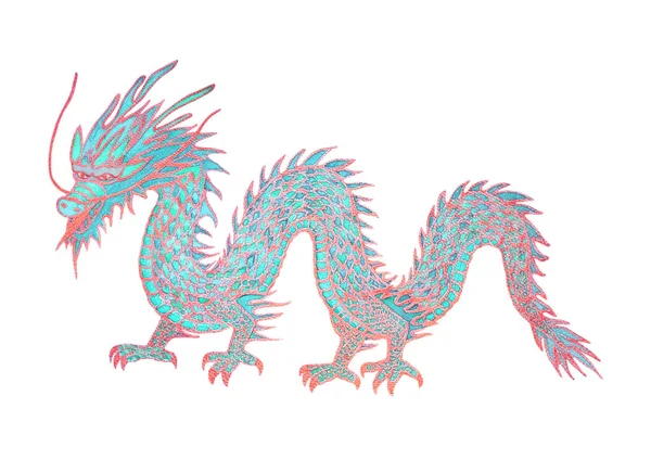 Watercolor chinese sea dragon isolated on white background. Watercolour hand drawn blue teal turquoise green red and golden colors oriental illustration. Print for textile, wallpaper, greeting cards.