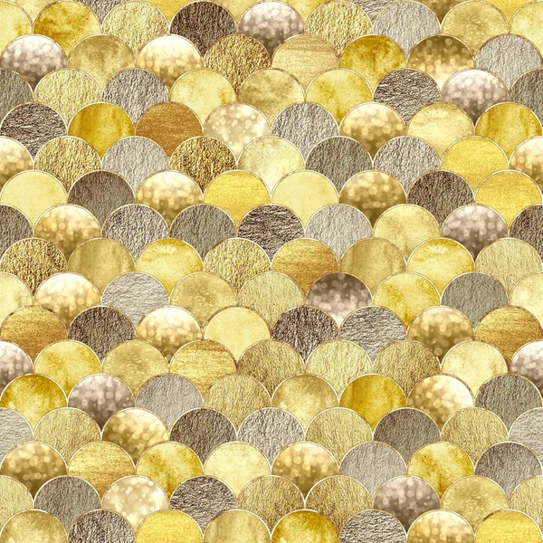 Zeemeermin Schaal Golf Japanse Luxe Gouden Glinsterende Naadloos Patroon Aquarel — Stockfoto