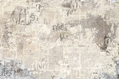 Gazete kağıdı grunge eski gazete kağıdı desenli arka plan. Eski gazete şablonu deseni. Yazı ve resimler için yeri olan okunamayan haber yatay sayfası. Gri sepia bej rengi sanat kolajı.
