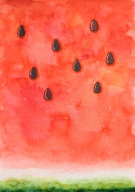 Soyut yaz suluboya geçmişi. El çizimi kırmızı, yeşil ve siyah karpuz dilimi. Çekirdekli suluboya dokusu.