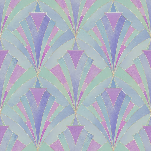 アール デコ様式の抽象幾何学的形態シームレスなパターン背景 水彩の手は 多色の紫色の要素と黄金の線のテクスチャを描いた テキスタイル 包装紙のための水彩プリント — ストック写真