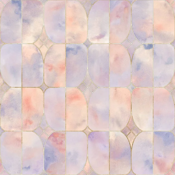 Aquarel Glas Lood Raam Abstract Geometrisch Naadloos Patroon Met Gouden — Stockfoto